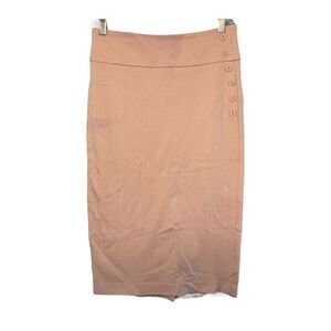 Catherine Malandrino Stretch Midi Skirt Tan Knit Pencil Front Button Detail 2